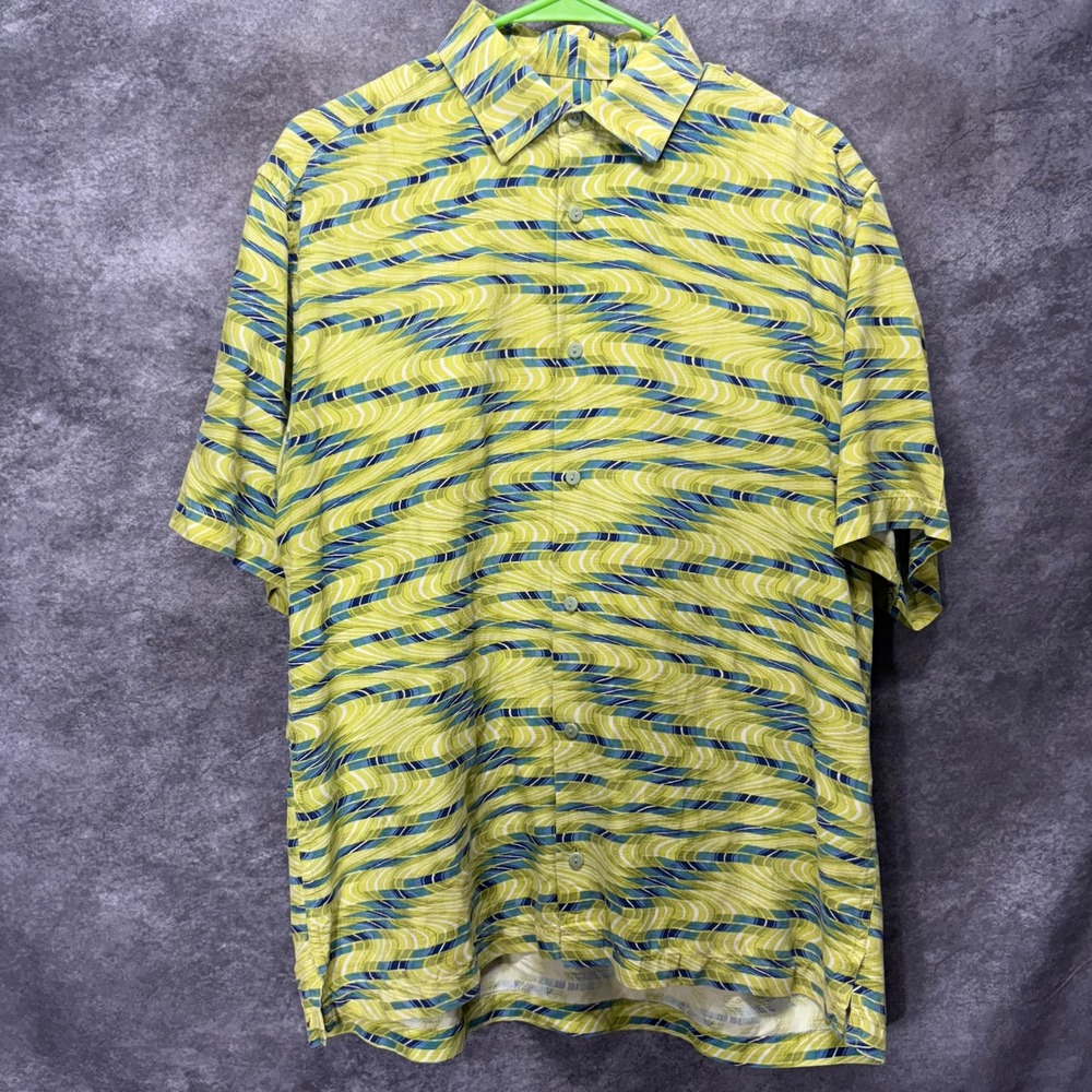 Jhane Barnes 100% Silk Button Up Shirt Mens M Yellow Blue Wavy Lines Frequency